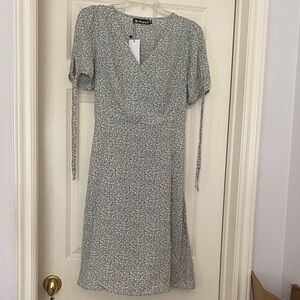 Allegra K Light Sage Floral Wrap-Style Midi Dress